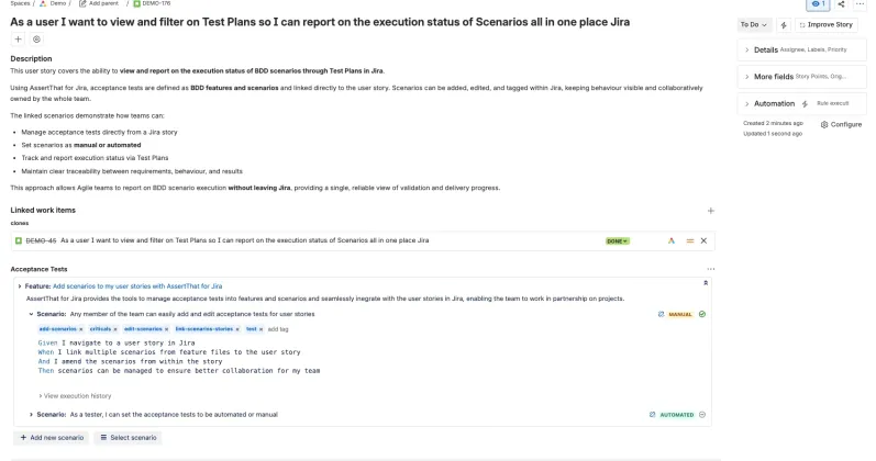 Agile BDD in Jira showing linked user stories, BDD scenarios, and execution status