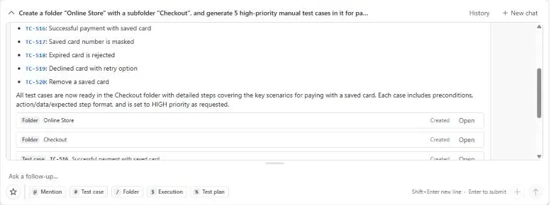 AI assistant reply listing the test cases it created, with Created or changed items cards and Open links