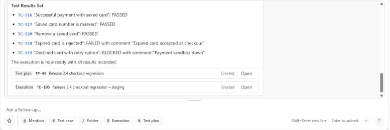 AI assistant reply after recording passed, failed and blocked results in an execution