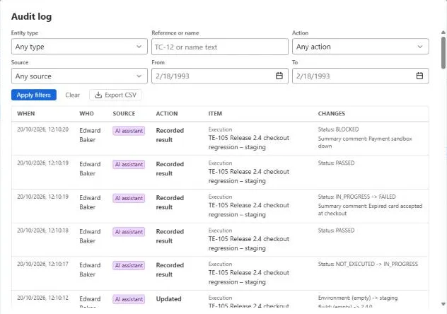 Audit log filtered by type, reference, action, source and date, showing results recorded by the AI assistant