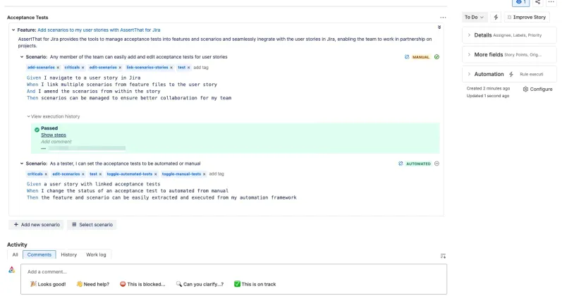 Jira user story linked to BDD scenarios with manual and automated execution status