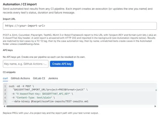 Automation / CI import section with the import URL, API key creation and CI snippets for curl, GitHub Actions, GitLab CI and Jenkins
