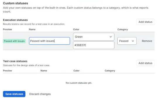 Custom statuses tab with an execution status Passed with issues in the Passed category