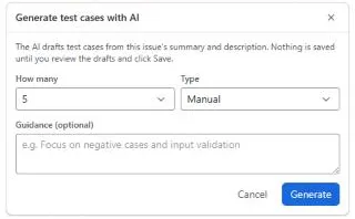 Generate test cases with AI form with How many, Type and optional Guidance