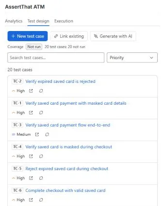 Issue panel Test design tab with New test case, Link existing and Generate with AI buttons and linked test cases