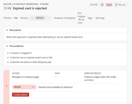 Run screen for a test case with a failed step, its comment and the Create defect button