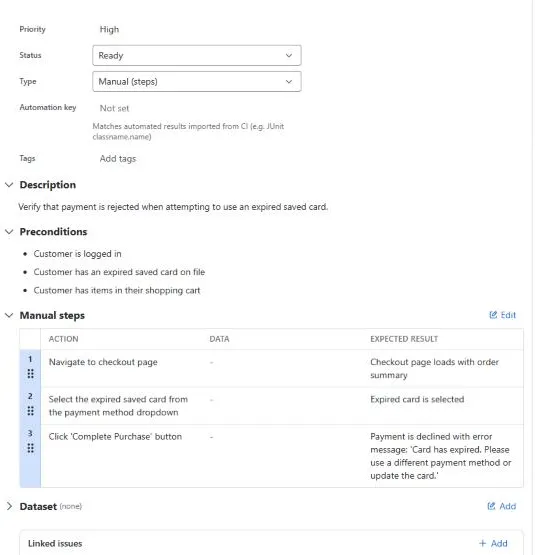 Test case editor showing priority, status, type, automation key, description, preconditions and manual steps