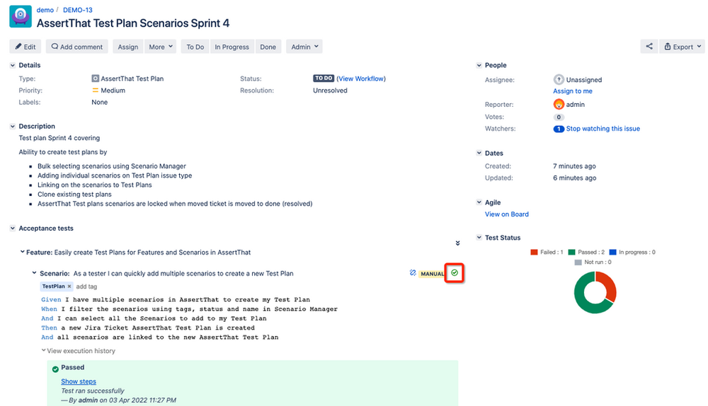 Image showing AssertThat scenario execution for BDD scenarios on Test Plans in Jira
