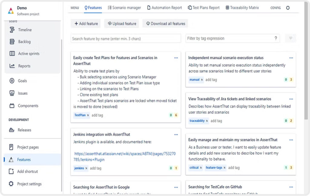 BDD discovery in Jira showing a user story linked to features and scenarios for team collaboration