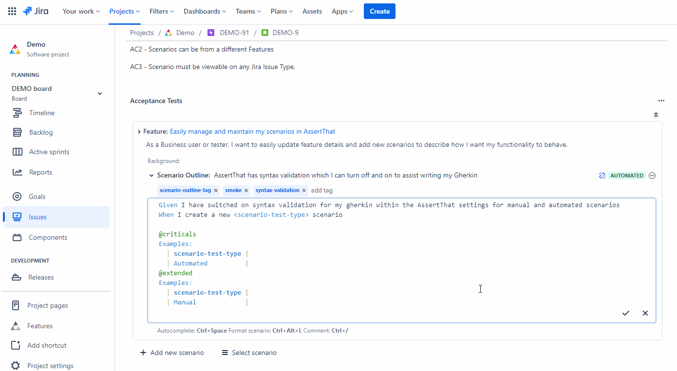 Formulation Advanced Gherkin Scenario Creation in Jira: