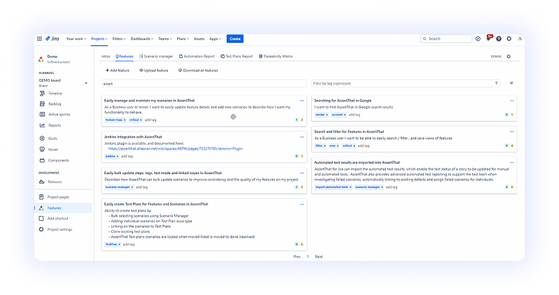 Image showing AssertThat feature page with with tags and the details of the number of scenarios in each freature