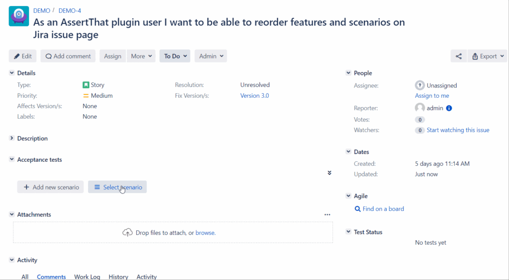Image showing how to link BDD scenarios in Jira on issue view