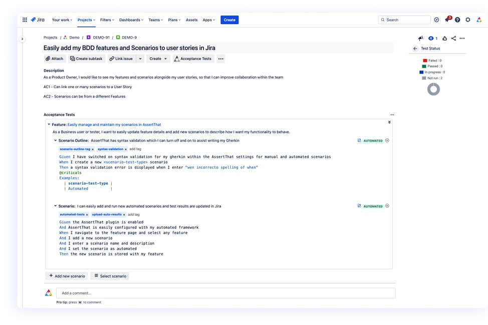 Image showing BDD scenarios native to Jira linked to User Story with AssertThat