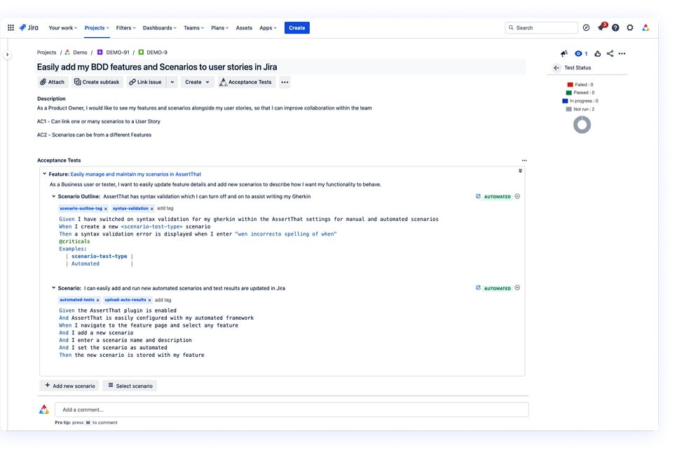 Jira interface displaying a user story with BDD scenarios integrated on the same screen.