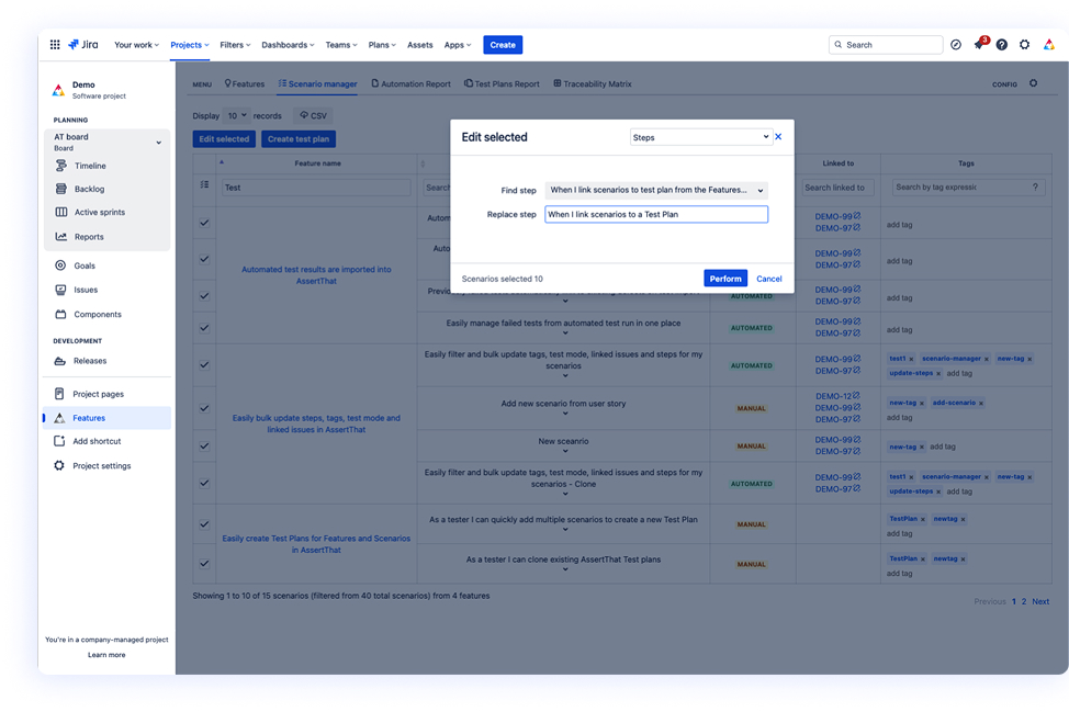 Image showing scenario manager where scenarios can be bulk updated for enterprises