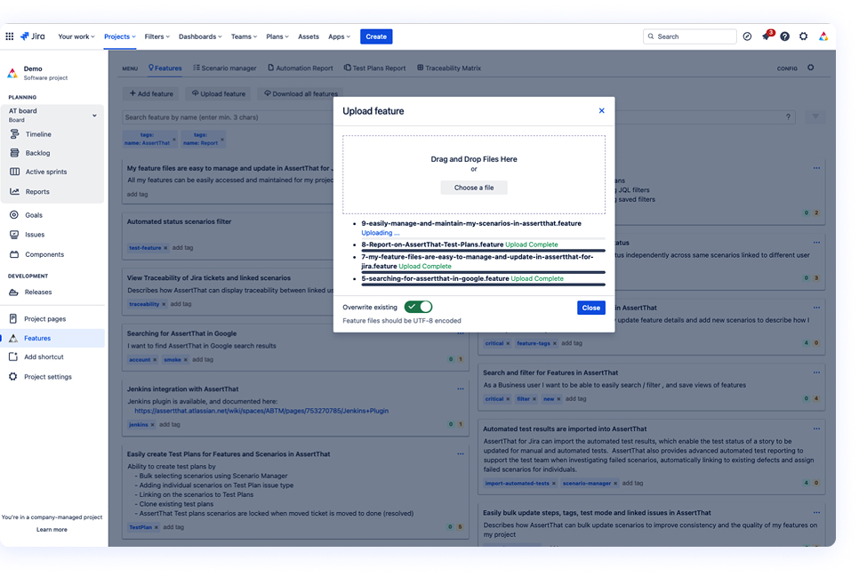 Import dialog in Jira displaying uploaded feature files ready for migration