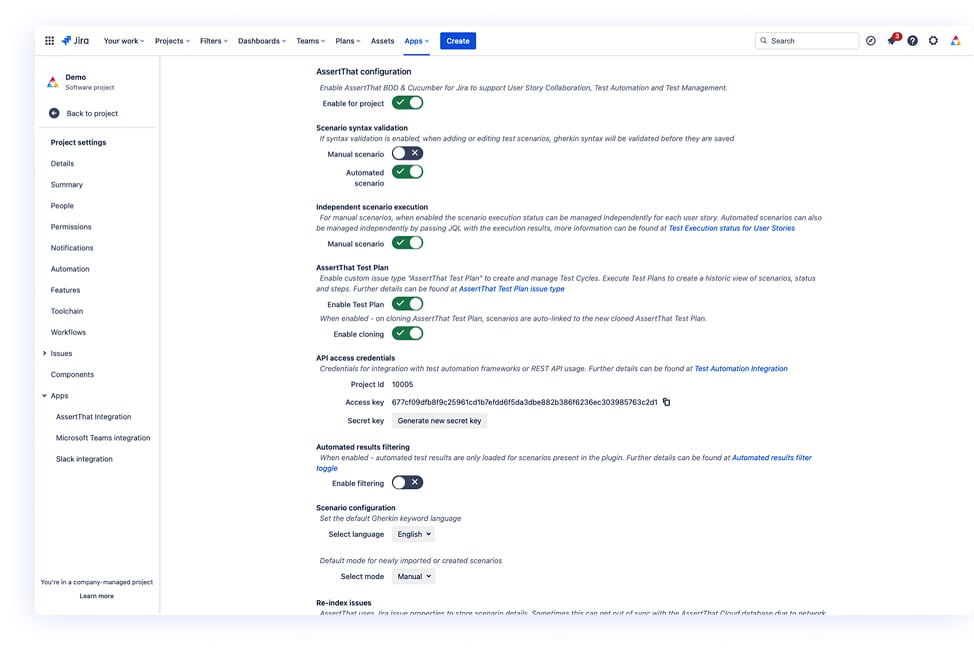 Configuration screen in Jira showing project-level BDD settings and workflow options