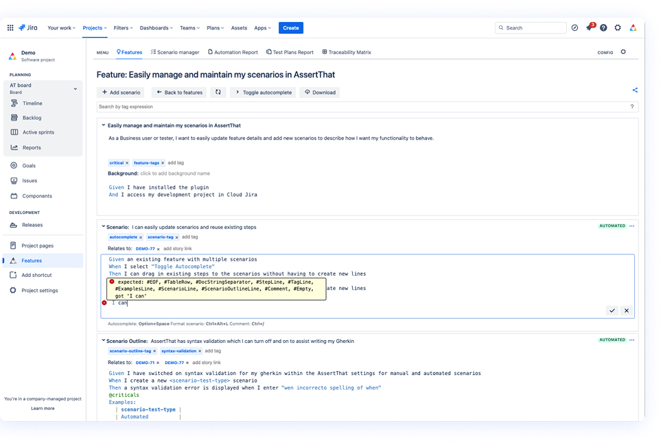 Gherkin editor inside Jira with syntax highlighting, autocomplete, and validation messages