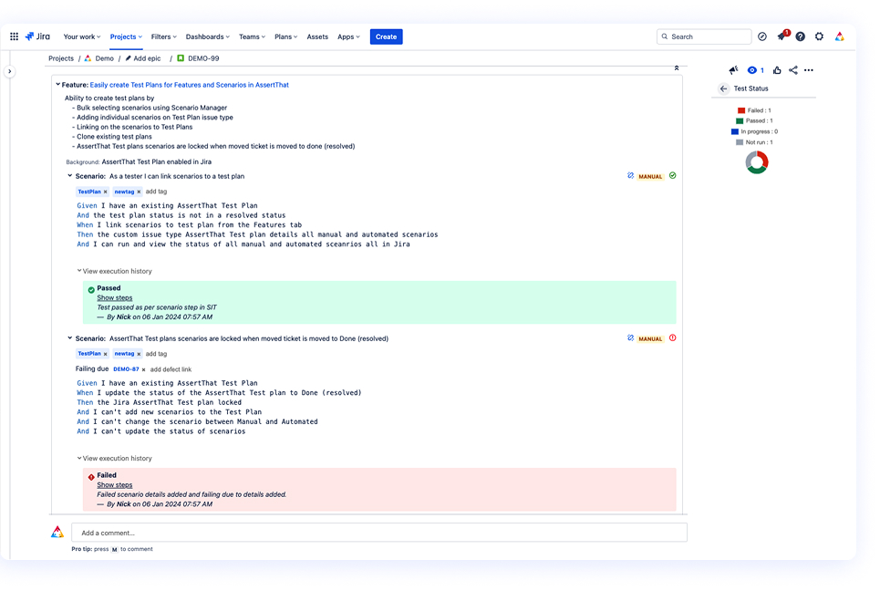 Execution screen showing manual test results for BDD scenarios inside Jira