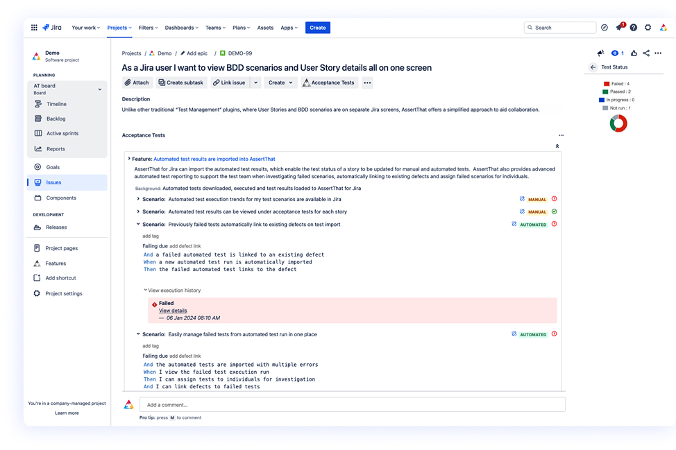 Image showing assert that issue view with scenarios linked to user story and executed