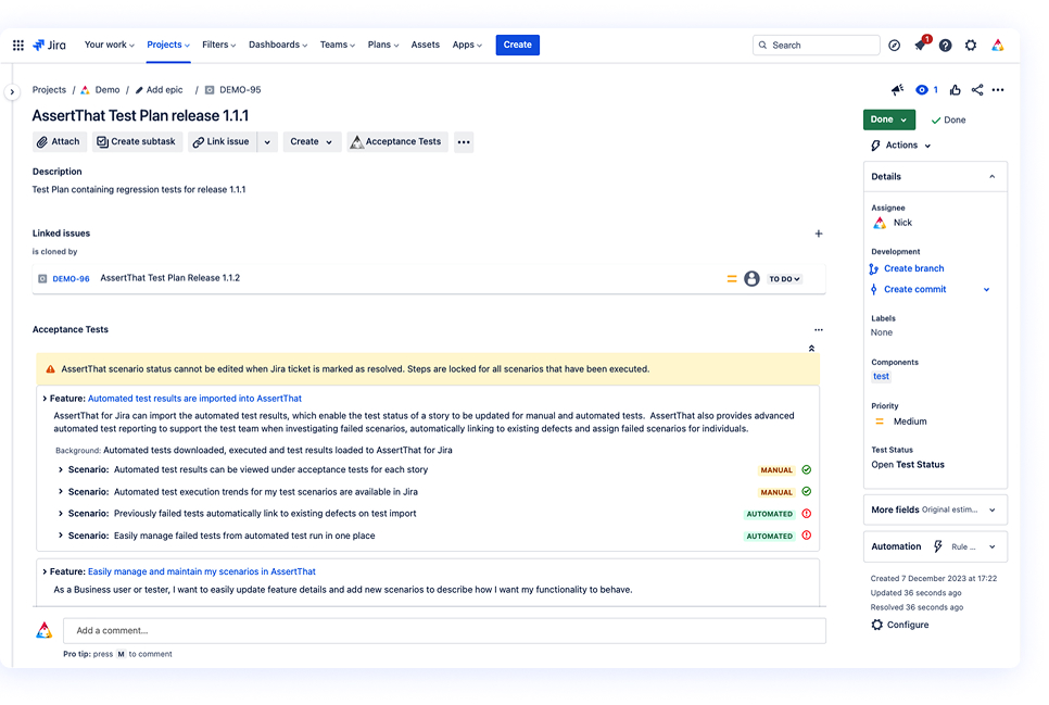 Test Plan screen in Jira showing scenarios grouped by release cycle or regression phase. Test Plan is in done status and scenario status is locked.