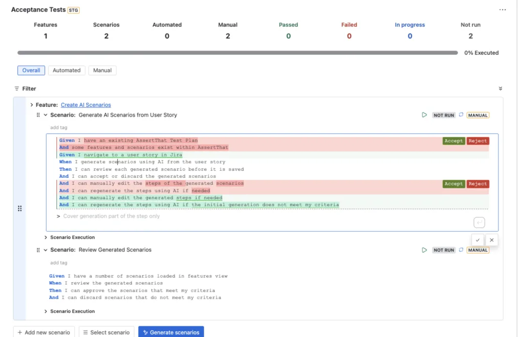 AssertThat BDD scenario view showing AI-regenerated steps with Accept and Reject buttons highlighted