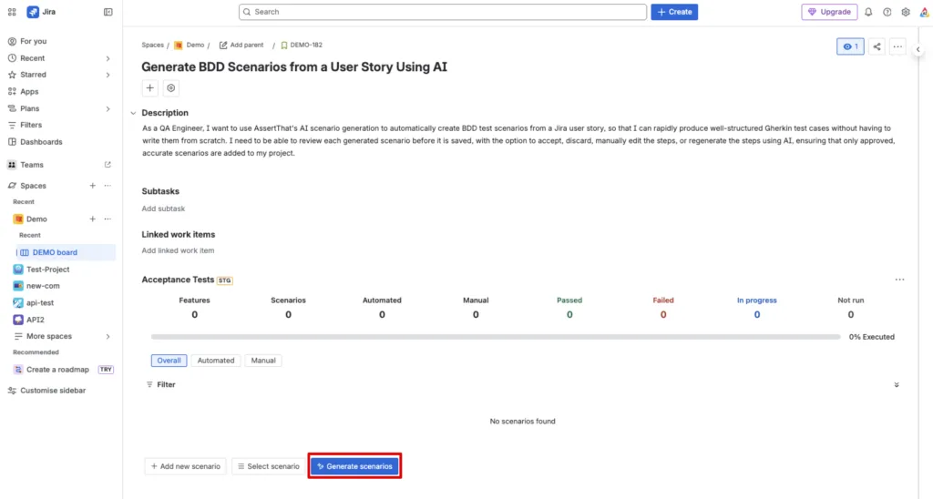AssertThat BDD Acceptance Tests panel in Jira showing the Generate scenarios button